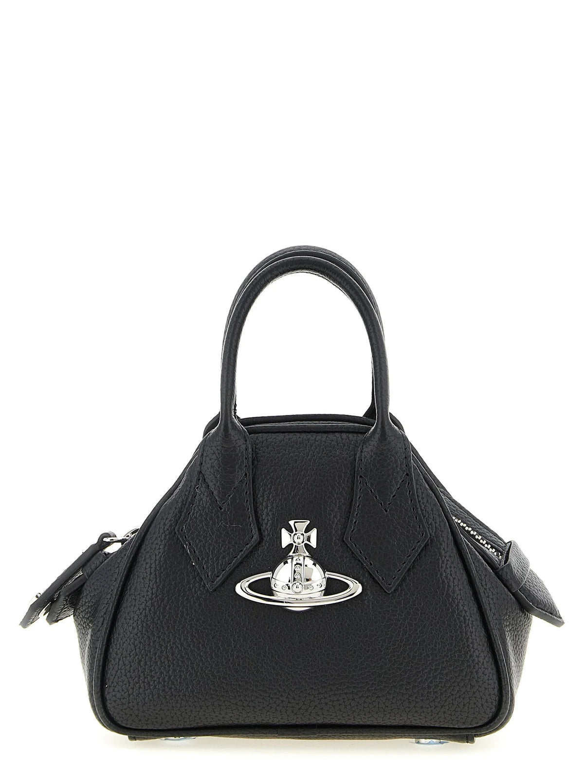 Frontansicht einer Vivienne Westwood schwarzen Polyethylen-Handtasche mit dem ikonischen silberfarbenen Orb-Emblem.