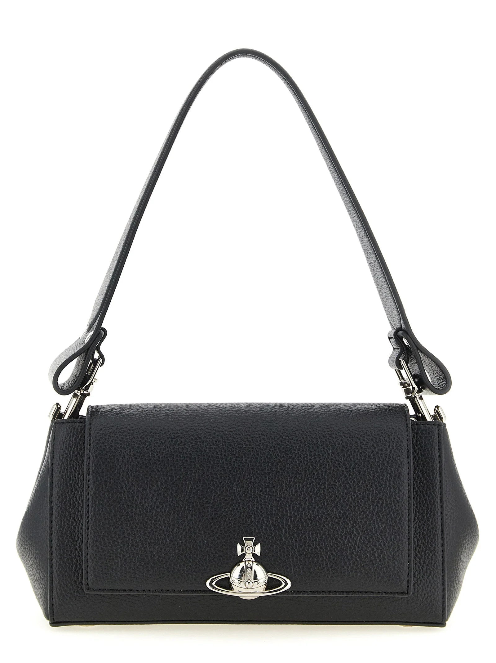 Front view of a Vivienne Westwood black polyethylene shoulder bag featuring the iconic silver-tone Orb emblem.
