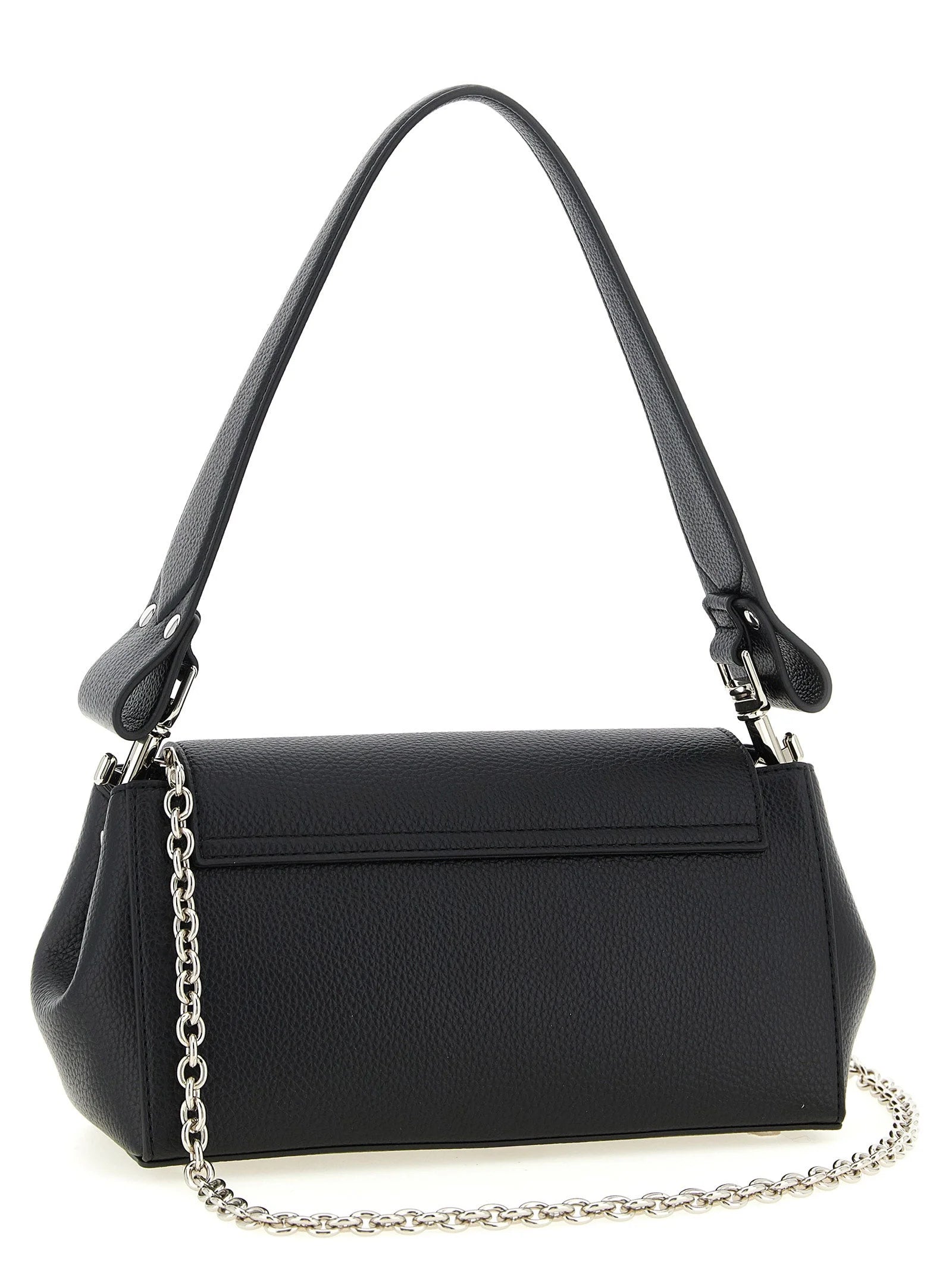 Side profile of the Vivienne Westwood black shoulder bag showing its structured silhouette and slim design.
