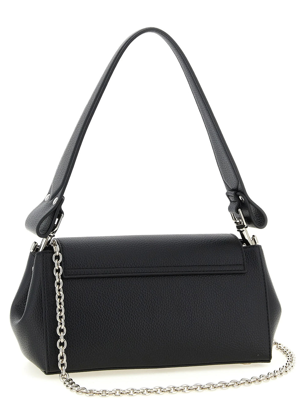 Side profile of the Vivienne Westwood black shoulder bag showing its structured silhouette and slim design.