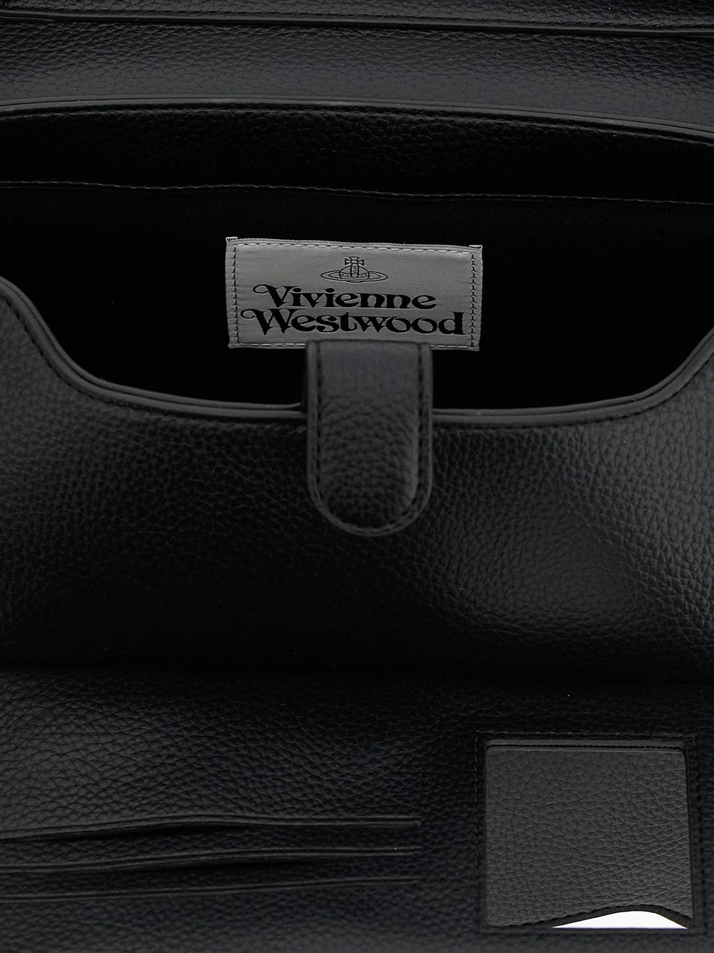 Close-up of the Vivienne Westwood silver Orb hardware and textured polyethylene material on a black shoulder bag.