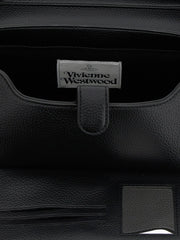 Close-up of the Vivienne Westwood silver Orb hardware and textured polyethylene material on a black shoulder bag.
