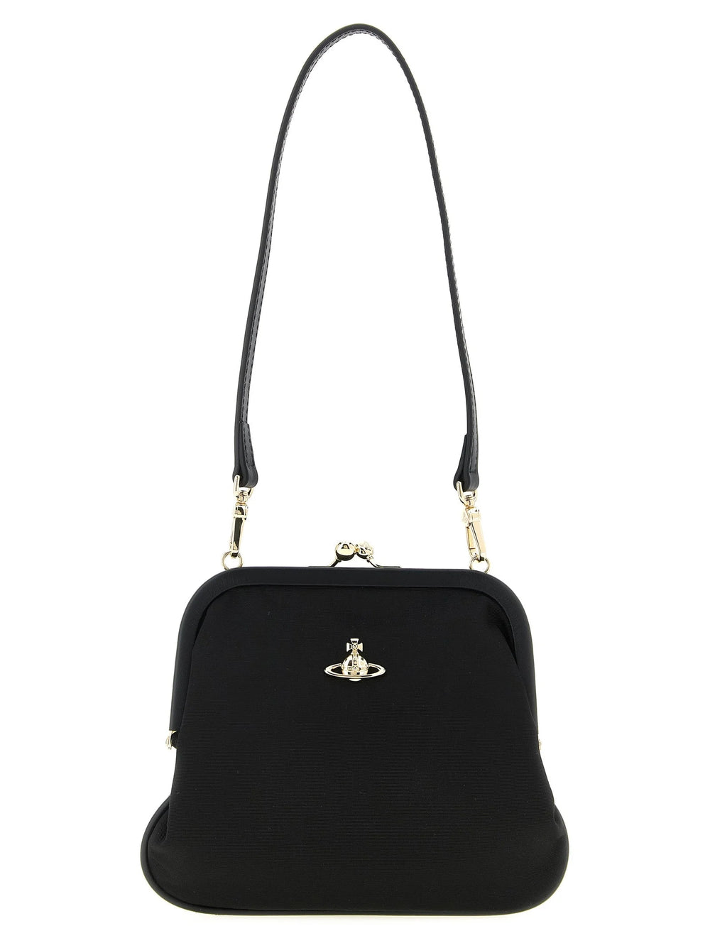Bolso clutch de viscosa negro de Vivienne Westwood con el icónico emblema Orb plateado en el panel frontal.