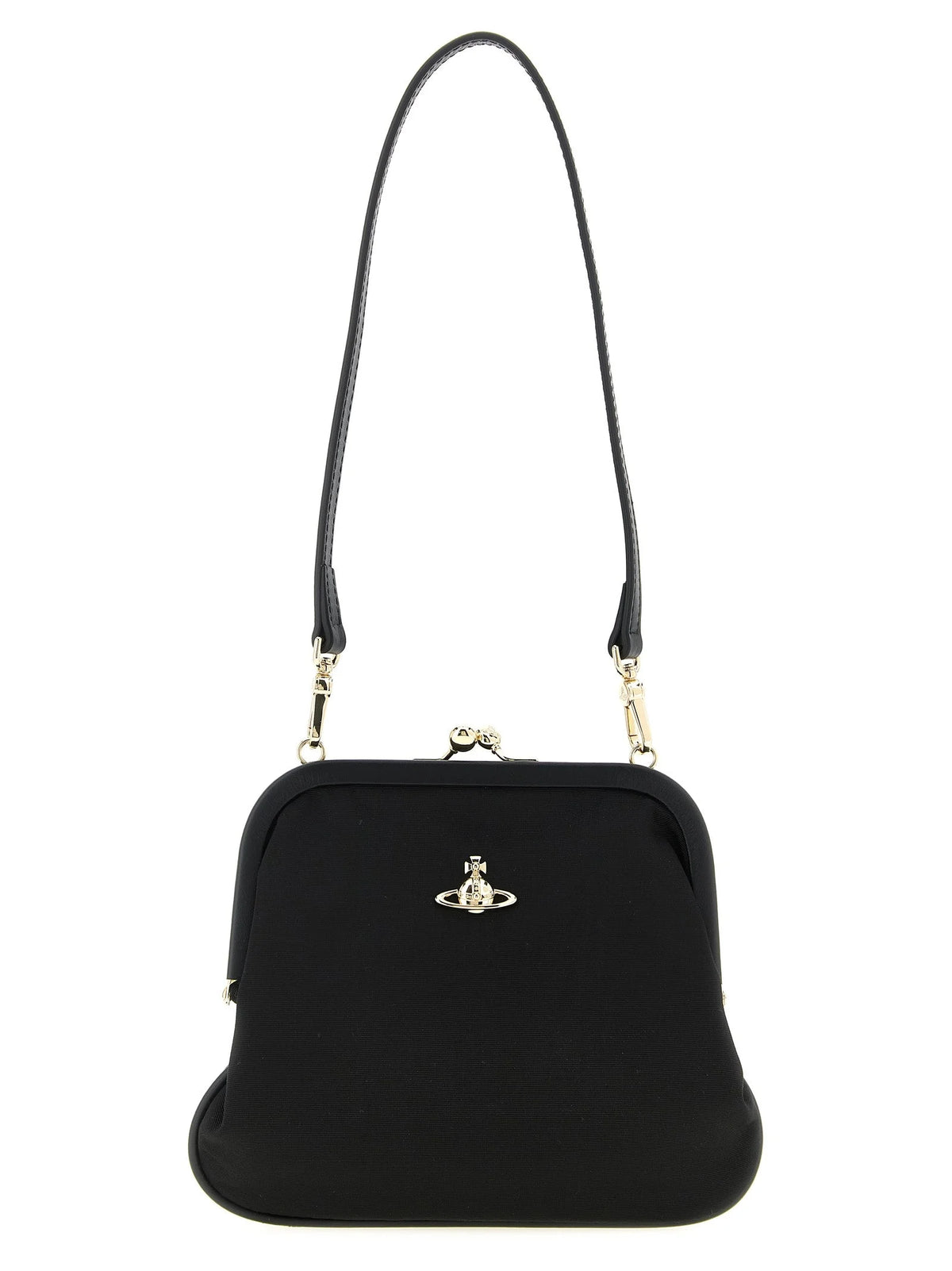 Bolso clutch de viscosa negro de Vivienne Westwood con el icónico emblema Orb plateado en el panel frontal.