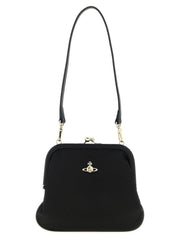 Bolso clutch de viscosa negro de Vivienne Westwood con el icónico emblema Orb plateado en el panel frontal.
