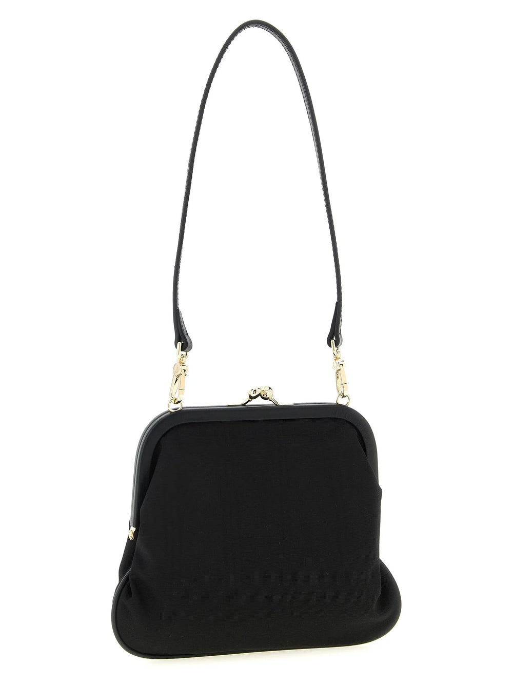 Vista lateral del bolso clutch negro de Vivienne Westwood que muestra su silueta delgada y estructurada y su acabado textil refinado.