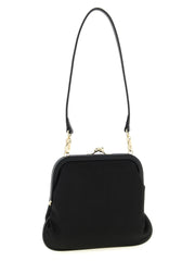 Vista lateral del bolso clutch negro de Vivienne Westwood que muestra su silueta delgada y estructurada y su acabado textil refinado.