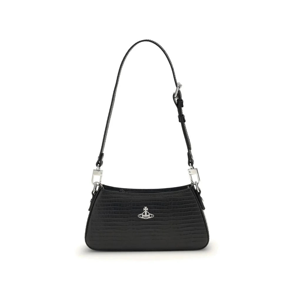 Front view of the Vivienne Westwood Tasha shoulder bag in black leather featuring the signature silver-tone metal orb.