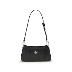 Front view of the Vivienne Westwood Tasha shoulder bag in black leather featuring the signature silver-tone metal orb.