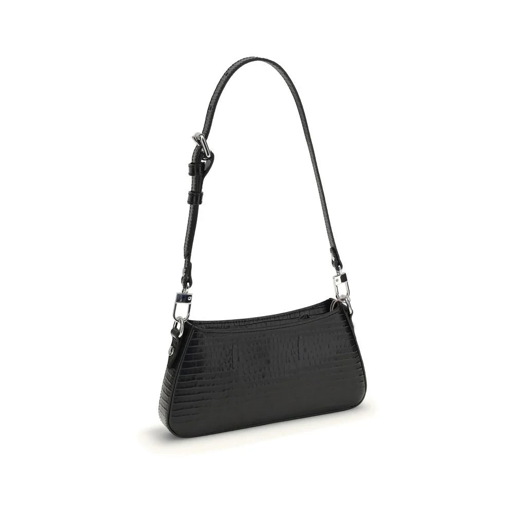 Rear view of the Vivienne Westwood Tasha shoulder bag highlighting the smooth black leather finish and tonal stitching.