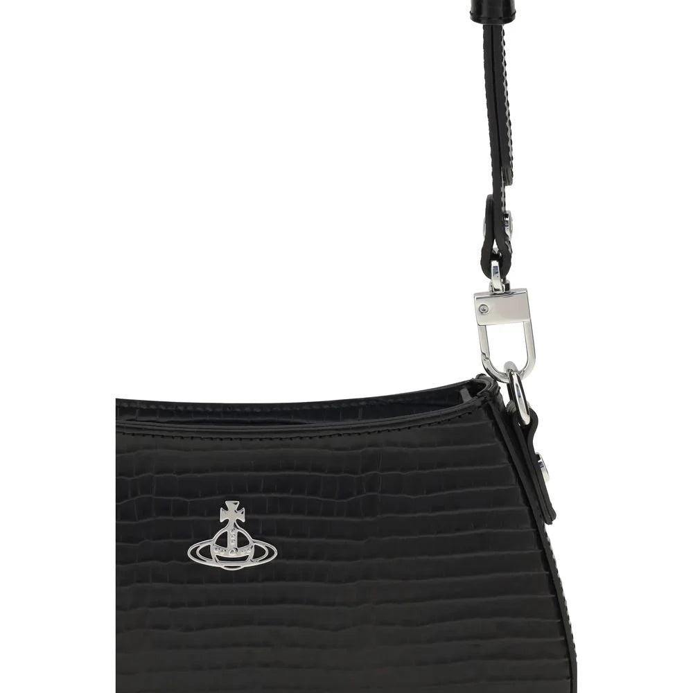 Close-up of the Vivienne Westwood Tasha bag focusing on the iconic silver orb emblem and premium leather texture.