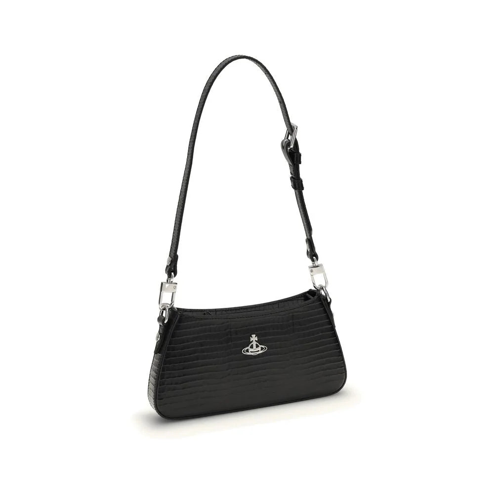 Side profile of the black Vivienne Westwood Tasha bag showing its structured silhouette and slim leather shoulder strap.