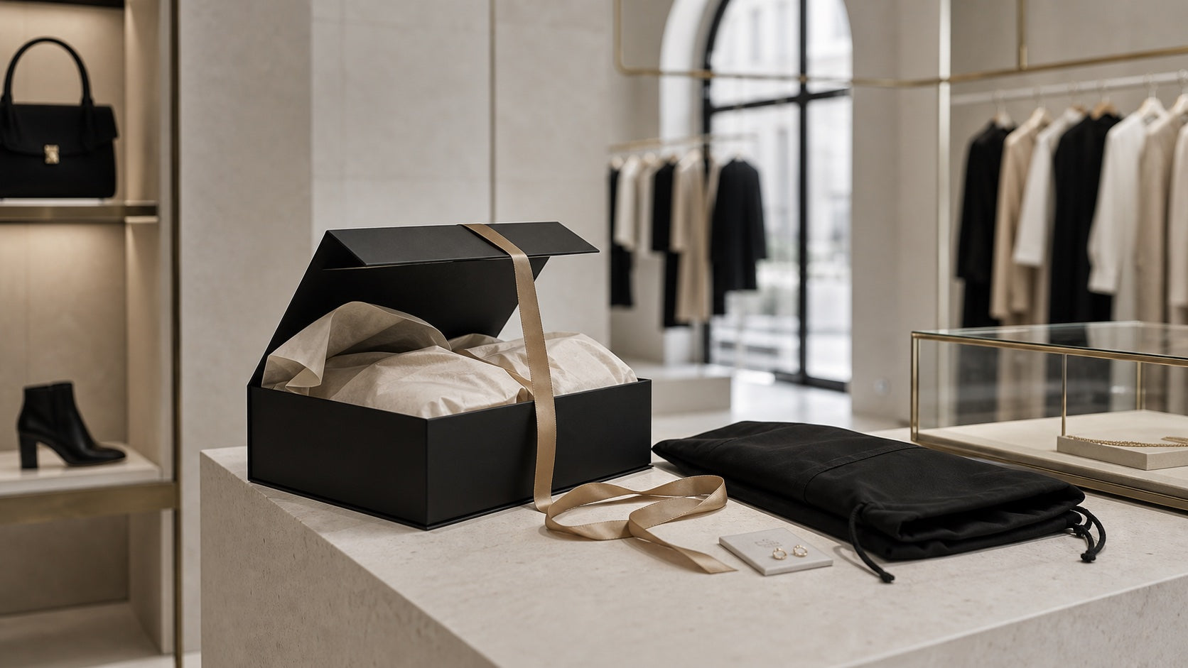 AmeOro luxe bestelling voorbereiding met een zwarte doos, tissuepapier en champagne lint