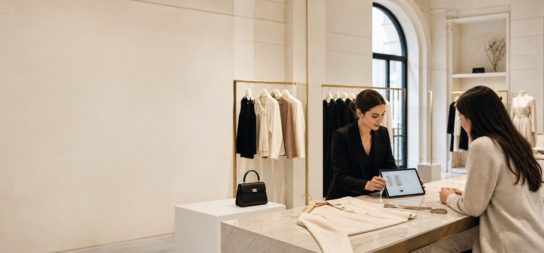 AmeOro client services advisor reviewing sizing and product details in a refined boutique