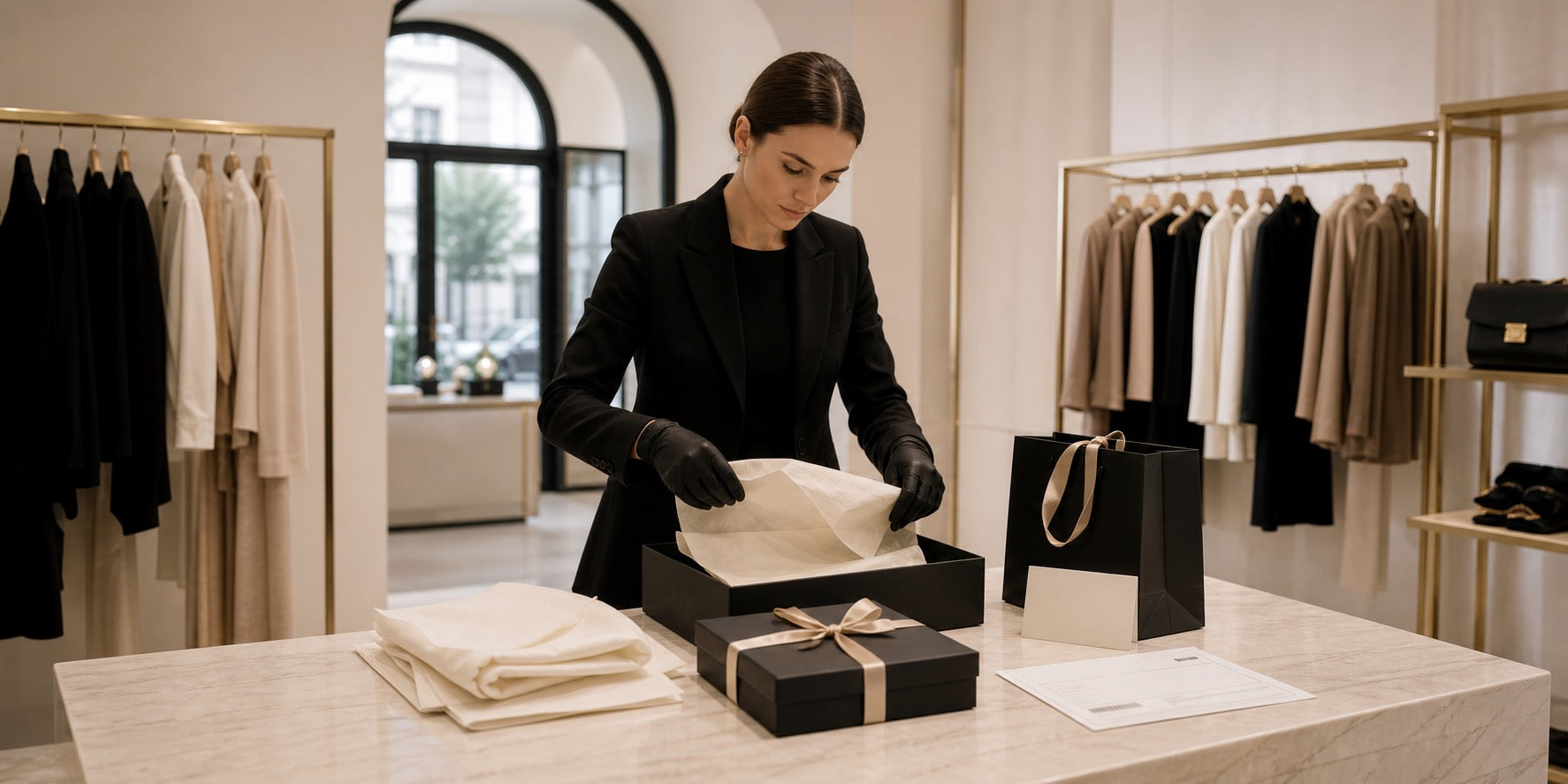 AmeOro advisor preparing a luxury order with tissue, ribbon, and tracking document